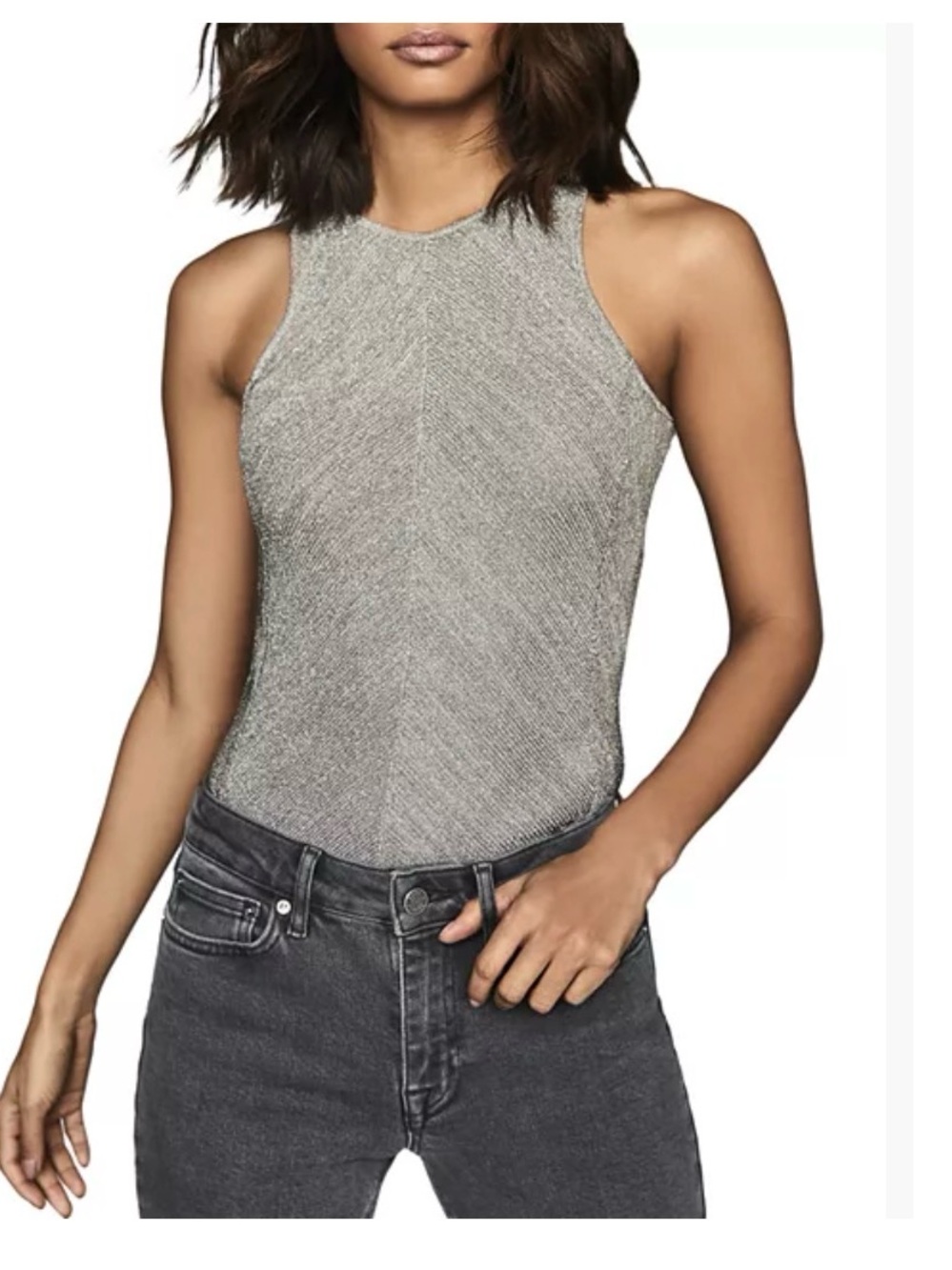 Reiss Kat Silver Metallic Knitted High-Neck Tank